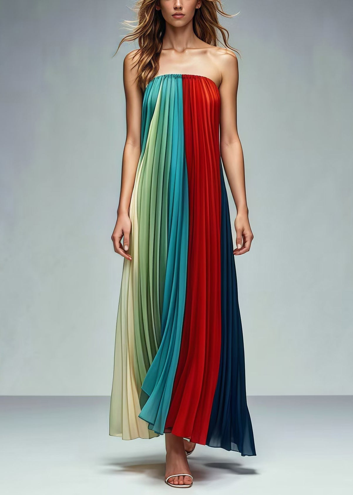 Colorblock Patchwork Wrinkled Chiffon Strapless Dresses Summer