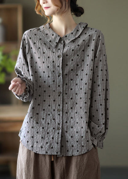 Navy Peter Pan Collar Dot Print Linen Blouses Lantern Sleeve