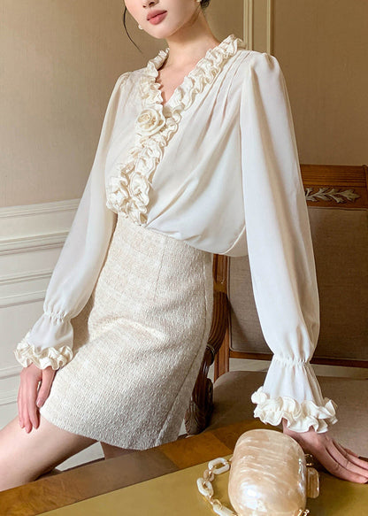 Art Apricot Ruffled Chiffon Shirt Petal Sleeve