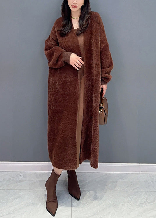 Beige V Neck Patchwork Mink Hair Knitted Loose Cardigan Fall