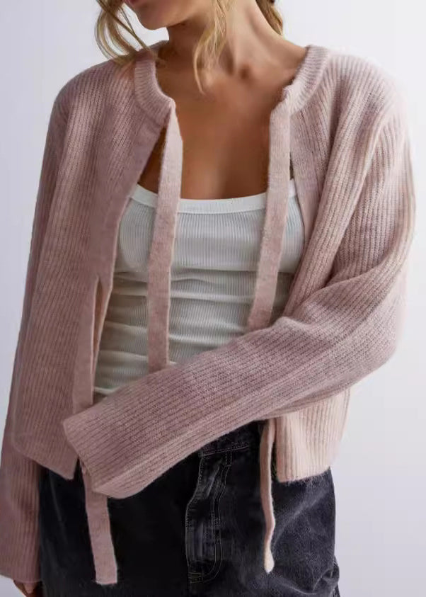 Apricot O Neck Lace Up Knit Loose Coat Fall