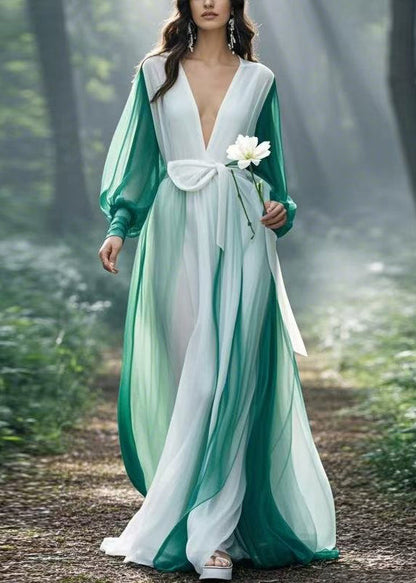 Colorblock V Neck Tie Waist Chiffon Maxi Dresses Spring