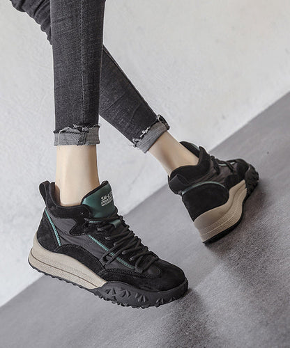Khaki Platform Suede Lace Up Splicing Flats Fuzzy Wool Lined