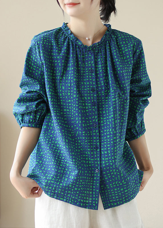 New Blue Ruffled Print Cotton Shirt Tops Spring