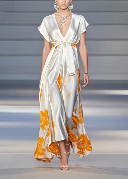 White V Neck Print Silk Cinched Dress Summer