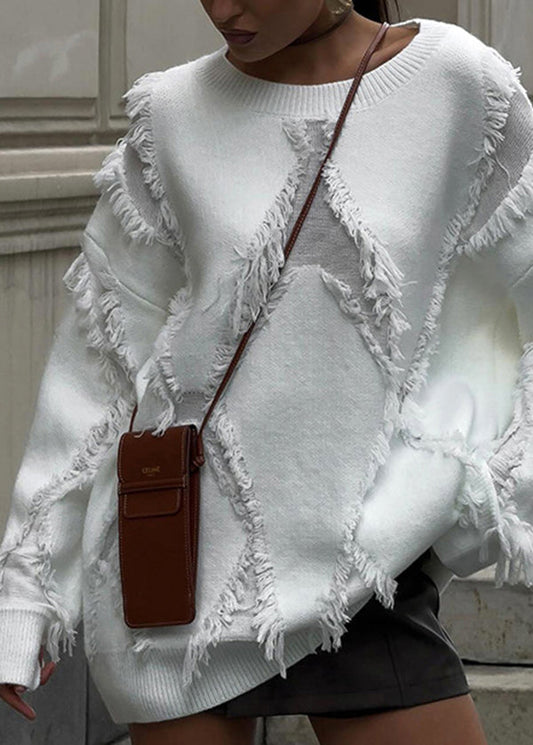 New White O Neck Tassel Knit Sweater Tops Fall