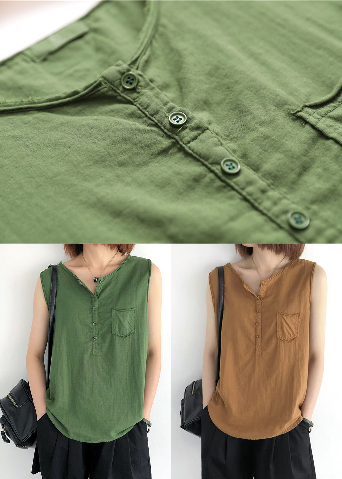Orange Linen Tops O-neck Pocket Sleeveless