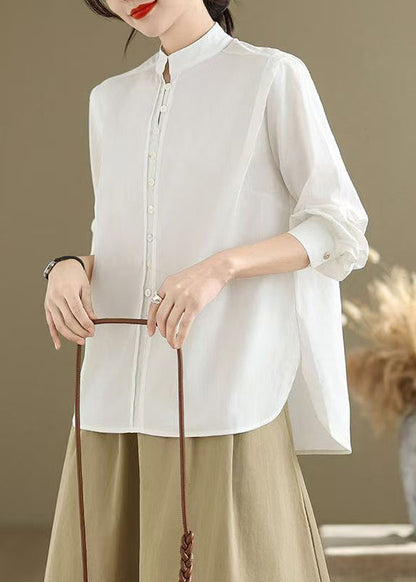 Simple White Stand Collar Button Cotton Shirts Spring