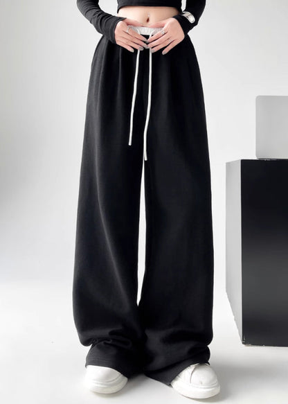Black Pockets Tie Waist Wide Leg Pants Spring