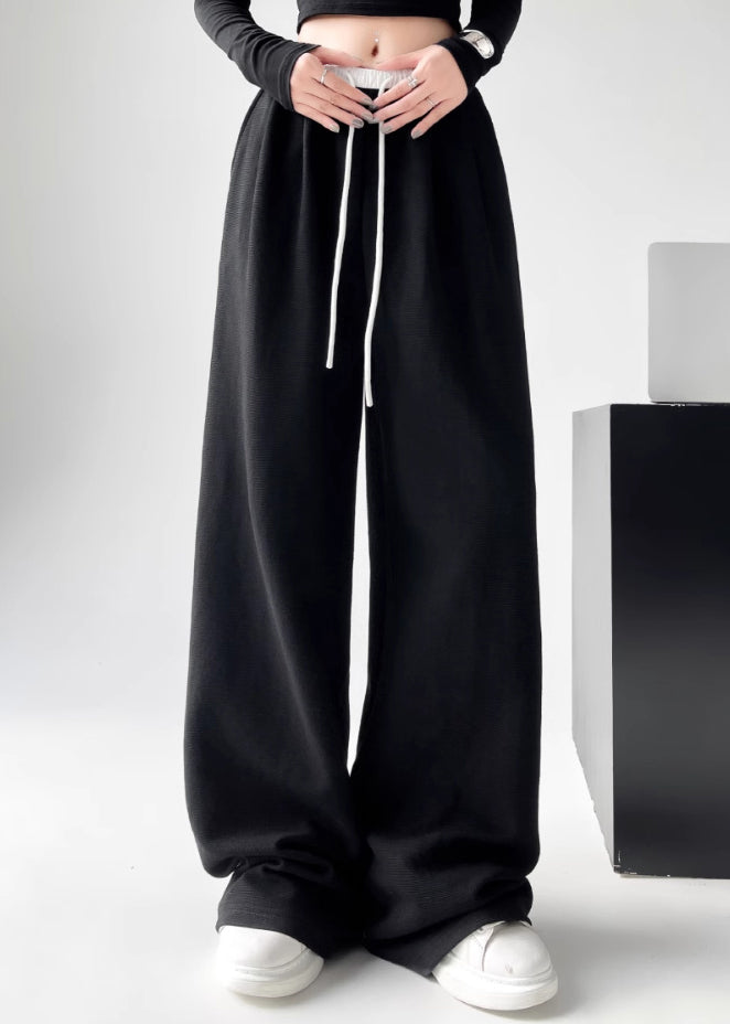 Black Pockets Tie Waist Wide Leg Pants Spring
