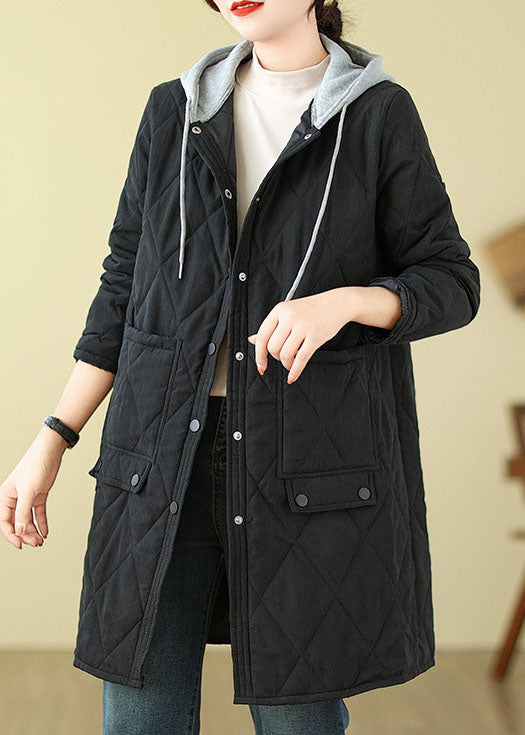 Black Pockets Fine Cotton Filled Hooded Coat Winter