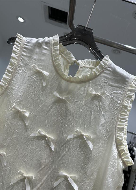 Chinese Style Black O-neck Ruffled Patchwork Bow Nail Bead Silk Tops Sleeveless