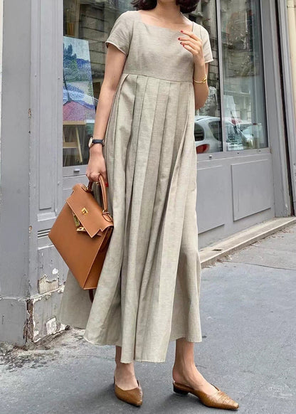 Apricot Square Collar Wrinkled Cotton Long Dress Summer