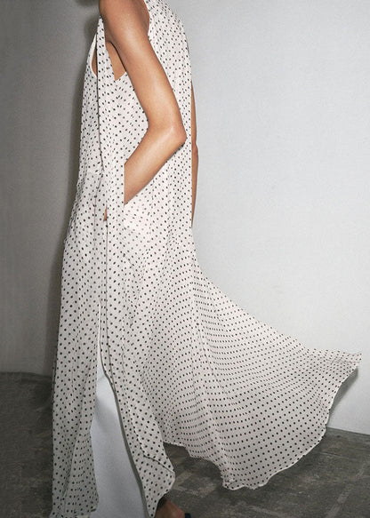 White Dot Side Open Chiffon Long Dress Lace Up Sleeveless