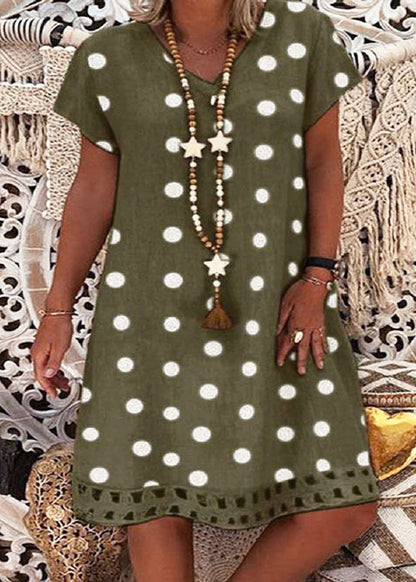 Khaki V Neck Dot Print Cotton Dress Summer