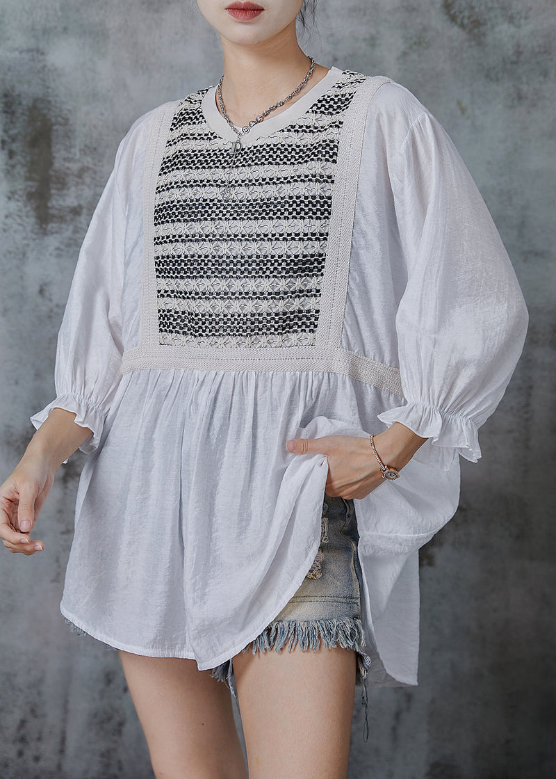 White Oversized Patchwork Cotton Tops Bracelet Sleeve