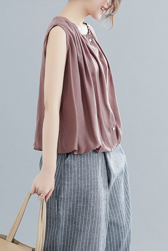 Summer Loose Sleeveless T-shirt Open Top Pleated Tank Top