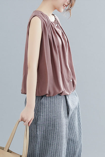 Summer Loose Sleeveless T-shirt Open Top Pleated Tank Top