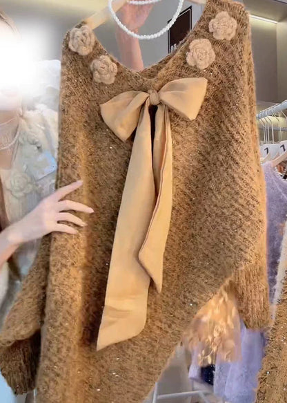 Art Coffee Bow Knit Sweater Batwing Sleeve