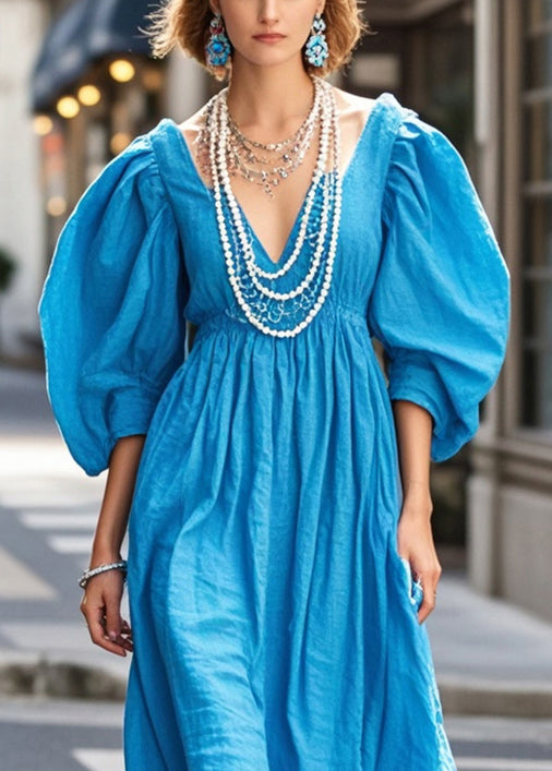 Blue Cotton Holiday Dress V Neck Puff Sleeve
