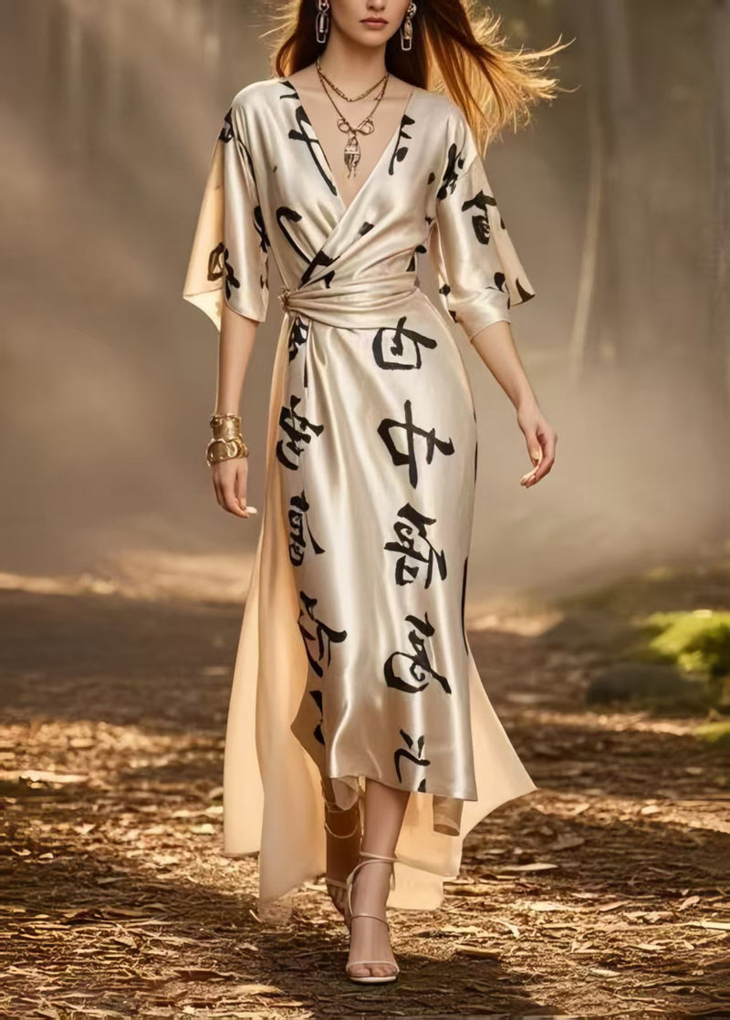 Champagne Print Draping Silk Cinched Dress Summer