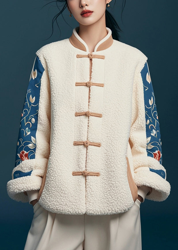 White Button Print Patchwork Teddy Faux Fur Coats Winter