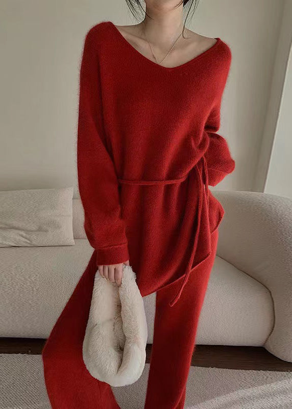 Red Sweaters and Pants Knit 2 Piece Outfit Fall