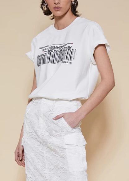 White O Neck Print Cotton T Shirts Summer