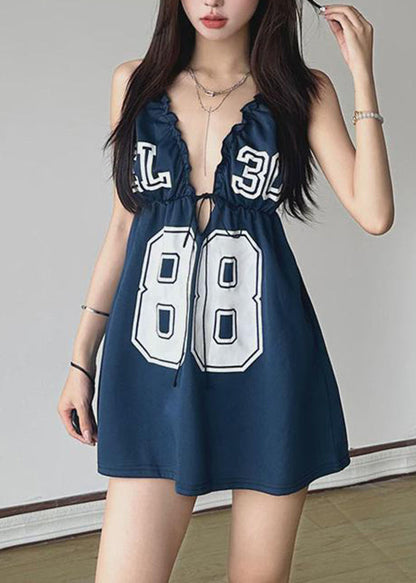 Blue V Neck Graphic Backless Holiday Mid Dress Sleeveless