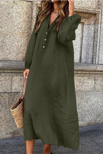 Buttons V Neck Long Sleeve Dresses