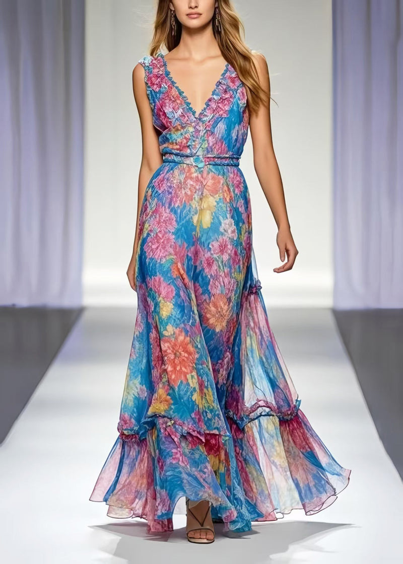Organic Blue Print Chiffon Beach Sundresses Sleeveless