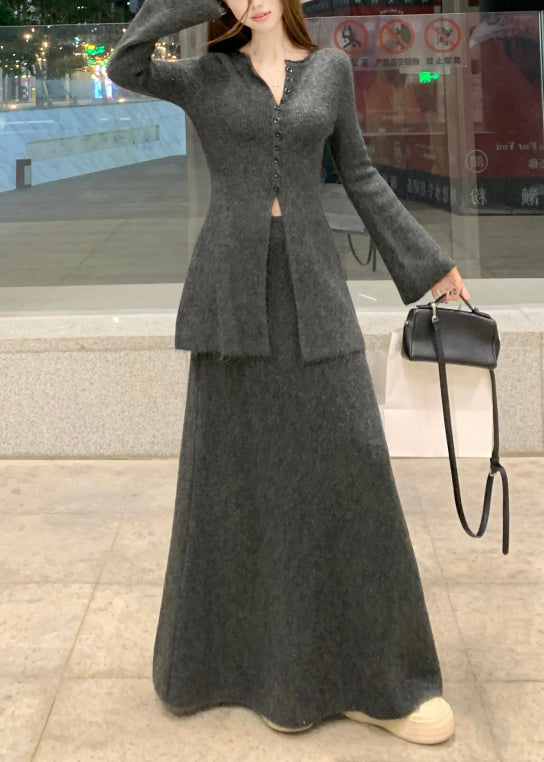 Dark Gray Front Open Sweaters and Skirts Knit Two Pieces Set O Neck Winter