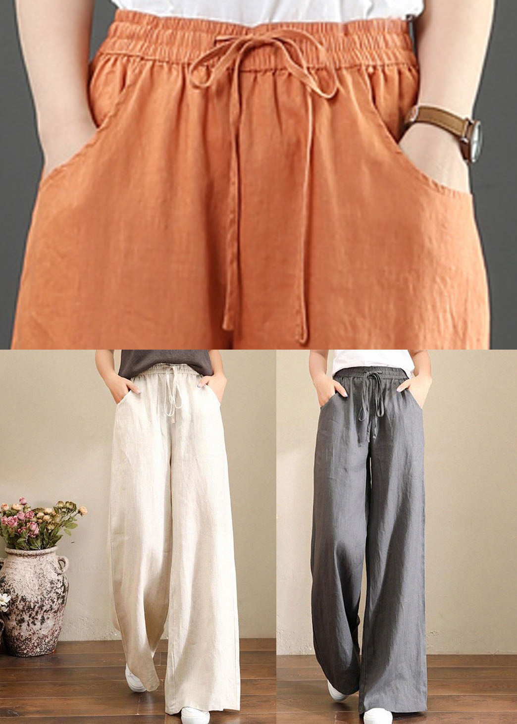 French Orange Flower Elastic Waist Pockets Linen Wide Leg Pants Summer