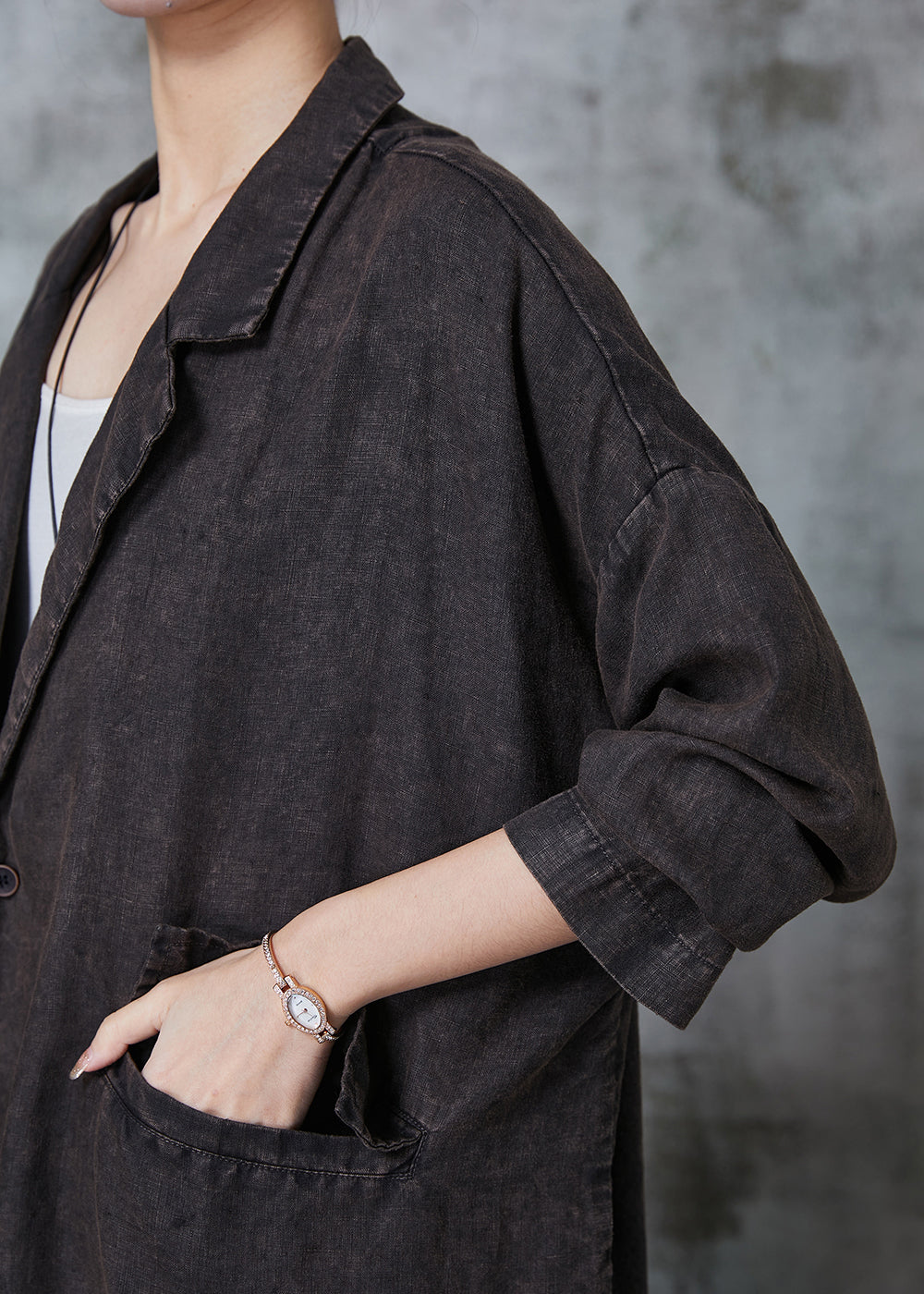Black Oversized Pockets Linen Jackets Spring
