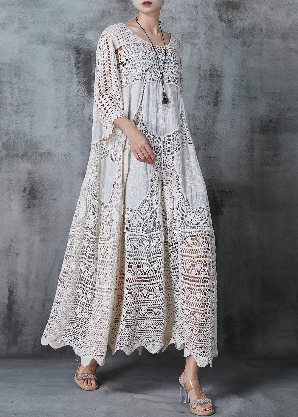 White Oversized Hollow Out Lace Long Dress Summer