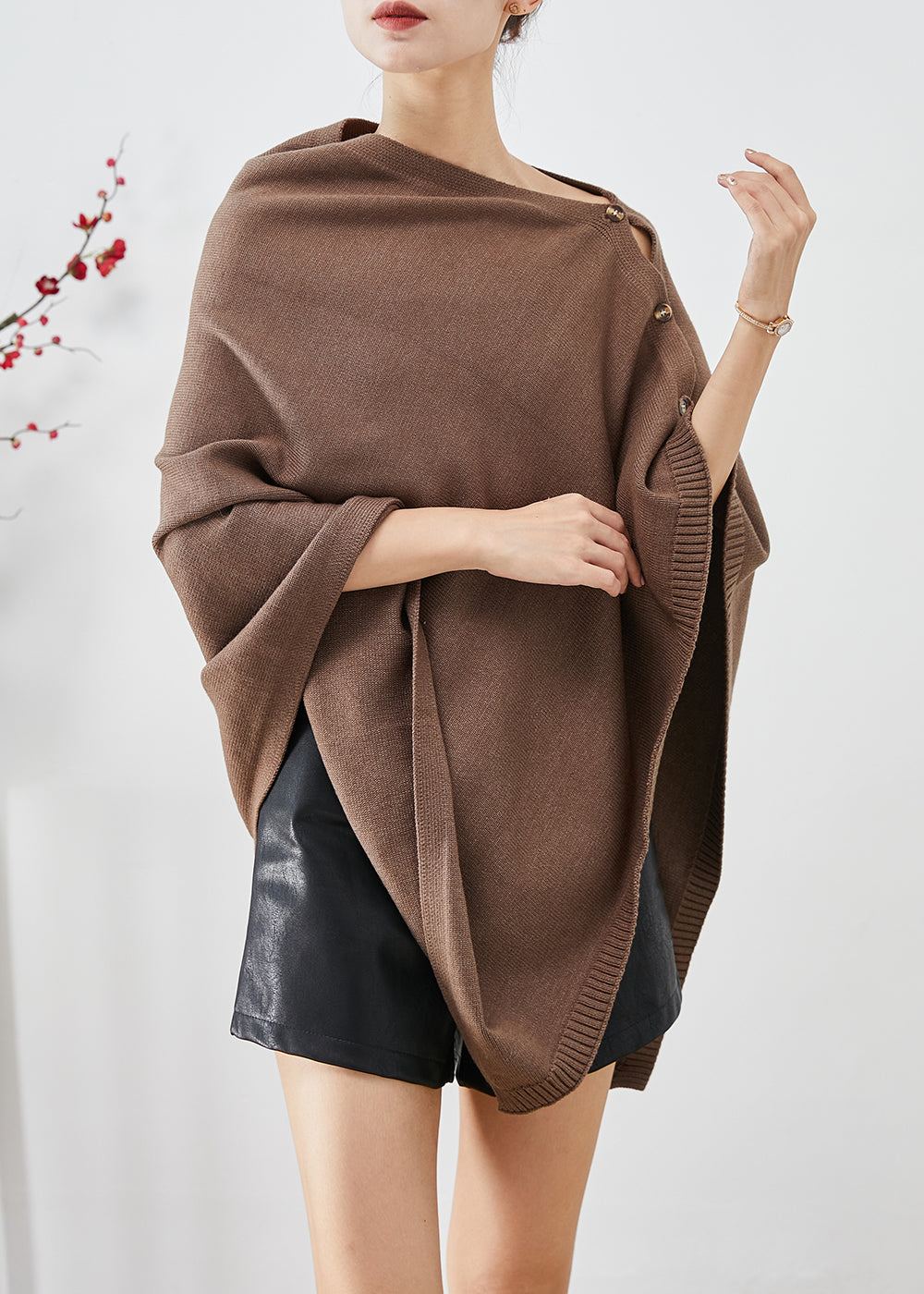Brown Asymmetrical Button Down Knit Pullover Winter