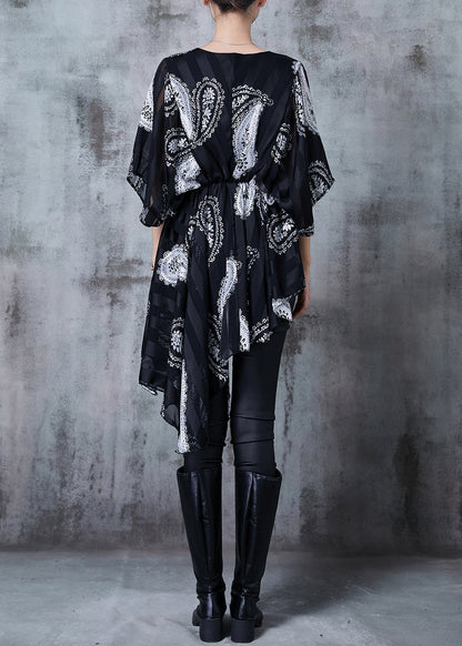 Black Asymmetrical Print Chiffon Shirt Summer