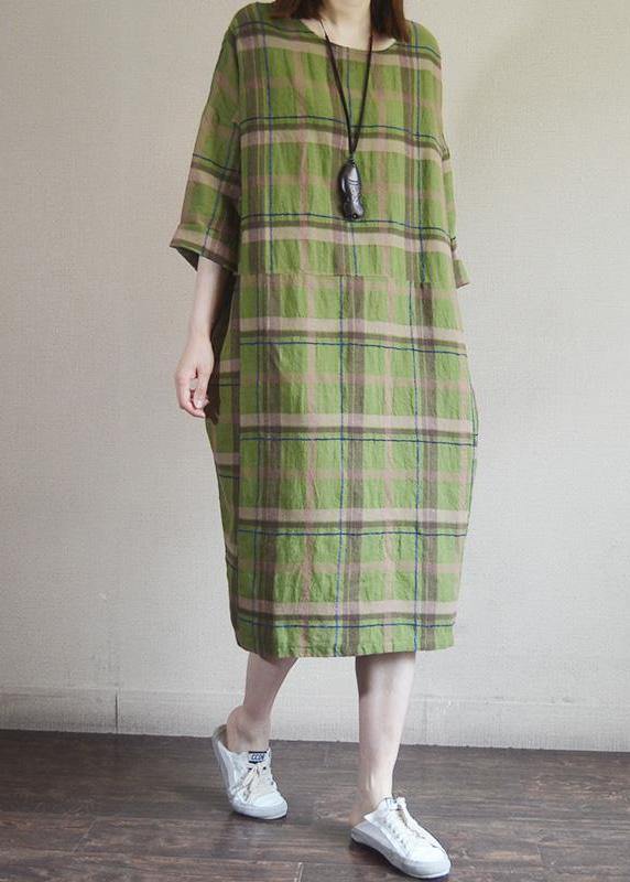 Cotton Tunic Top Plaid Round Neck Cotton Linen Dress