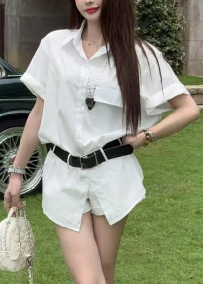 New Blue Button Shirts and Shorts Cotton Two Piece Set Summer