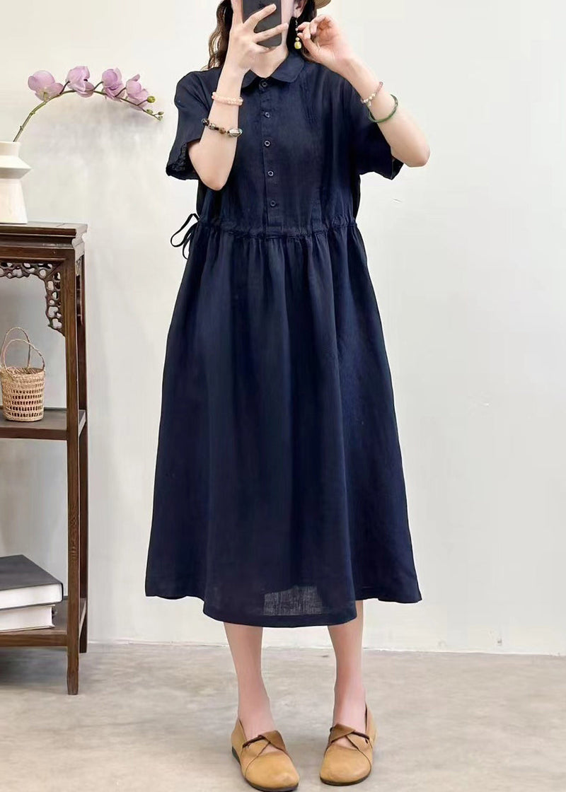 Navy Lace Up Linen Summer Long Dress Peter Pan Collar