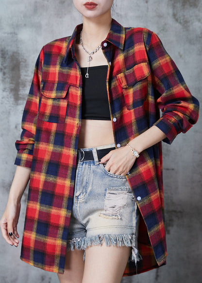 Stylish Red Peter Pan Collar Plaid Cotton Tops Spring