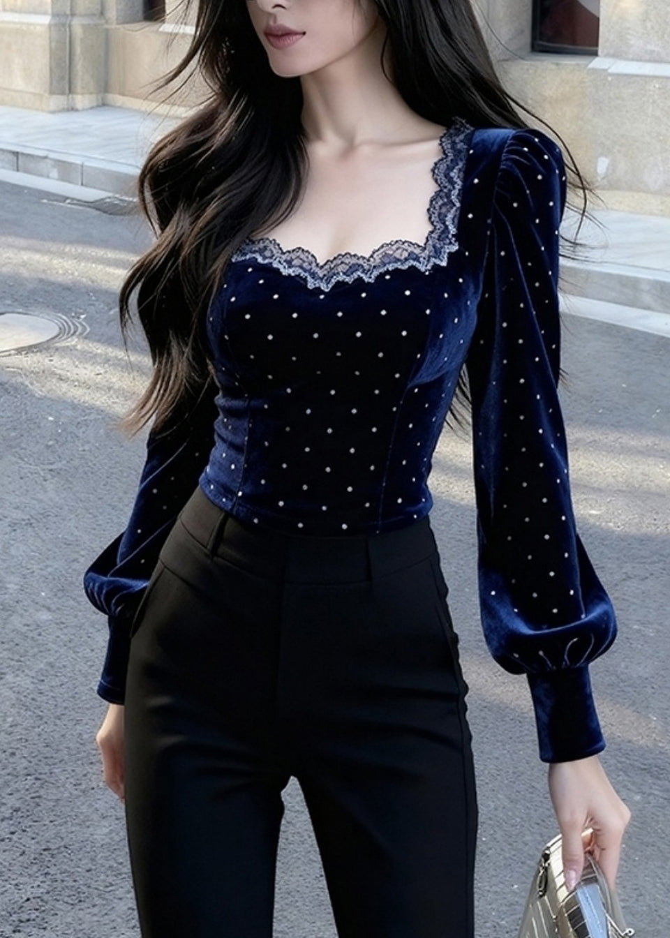 Blue Square Collar Lace Patchwork Silk Velour Tops Spring