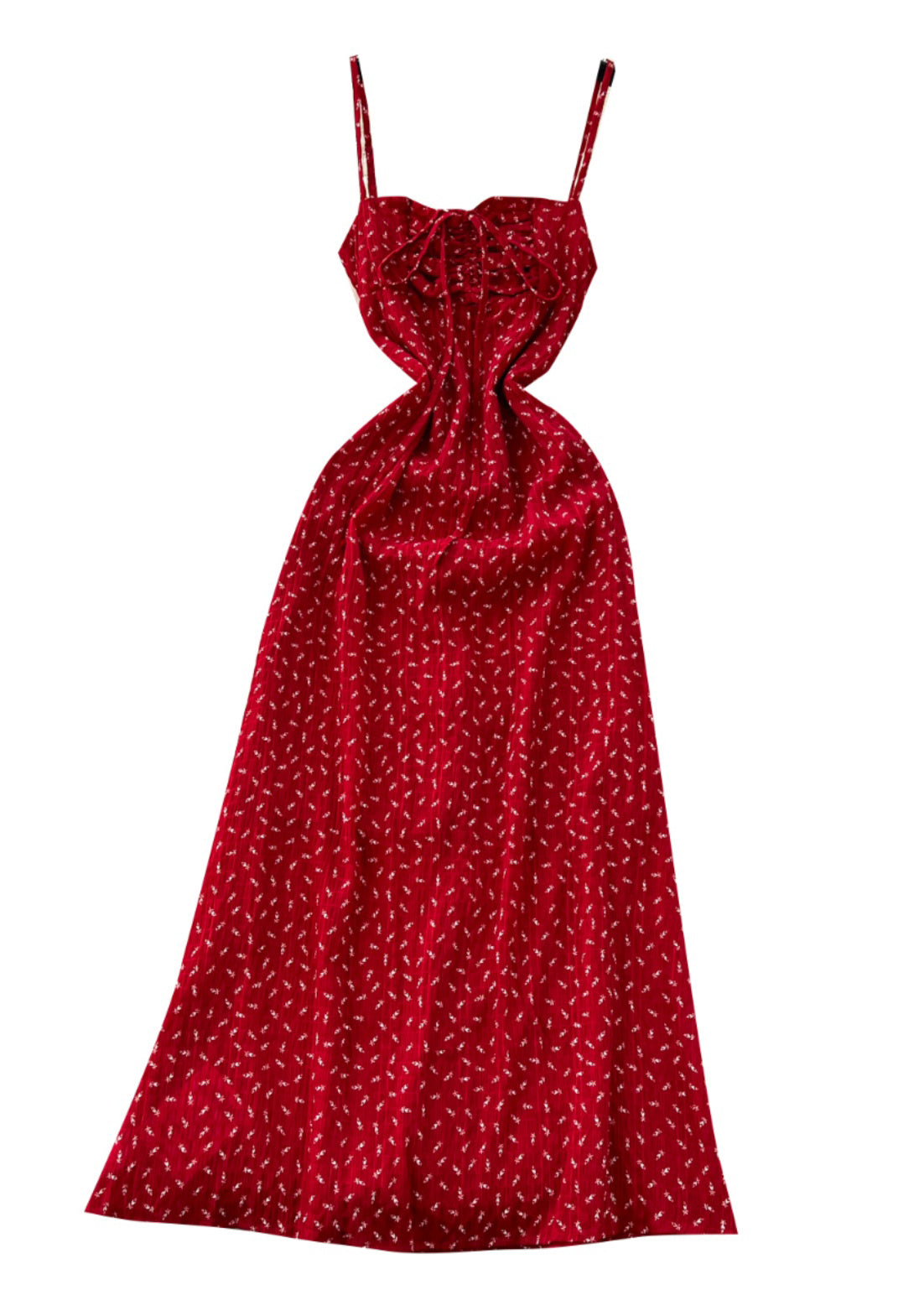 Red Cinched Print Cotton Spaghetti Strap Dress Dress Summer
