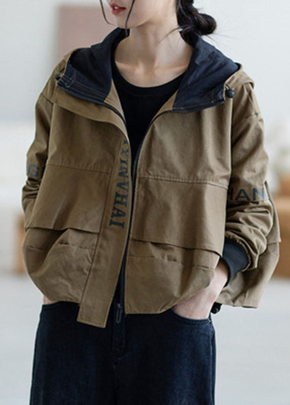 Red Zippered Graphic Patchwork Fall Hooded Coat