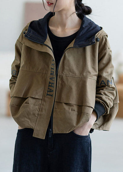 Red Zippered Graphic Patchwork Fall Hooded Coat