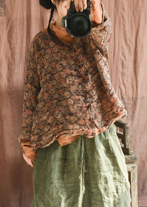 Green Button Print Linen Blouse Long Sleeve