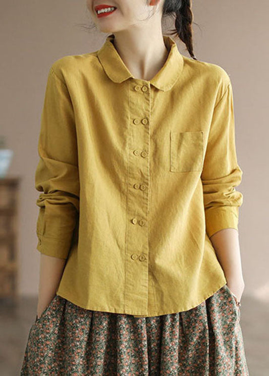Yellow Peter Pan Collar Button Patchwork Linen Shirts Tops Spring