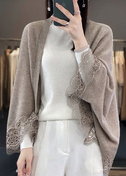 Camel V Neck Hollow Out Lace Woolen Cardigans Batwing Sleeve