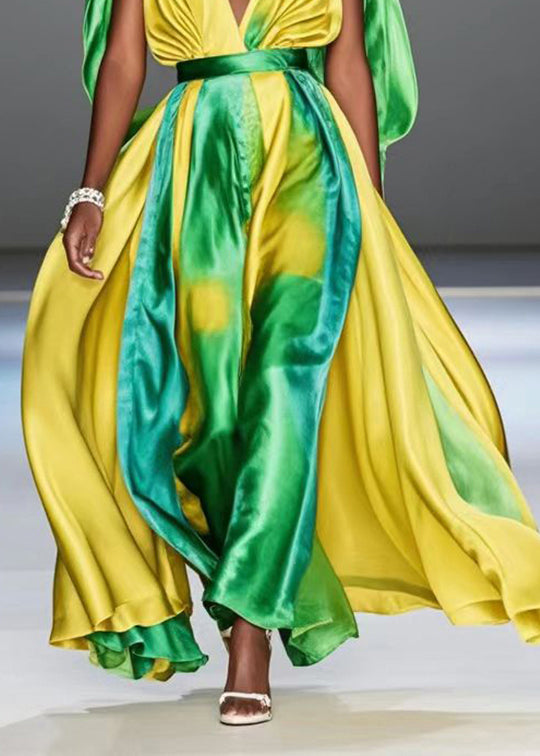 Yellow Cinched Tie Dye Silk Long Dresses Summer