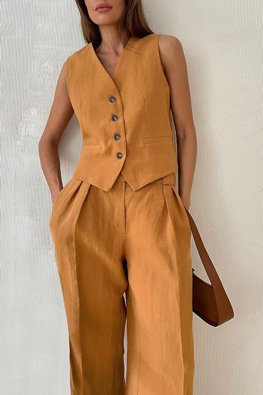 Color Cotton and Linen V-neck Vest Long Pants Set